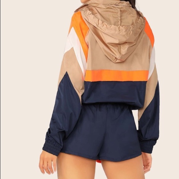Colorblock Hooded Zip Windbreaker And Shorts Set - Picture 3 of 3